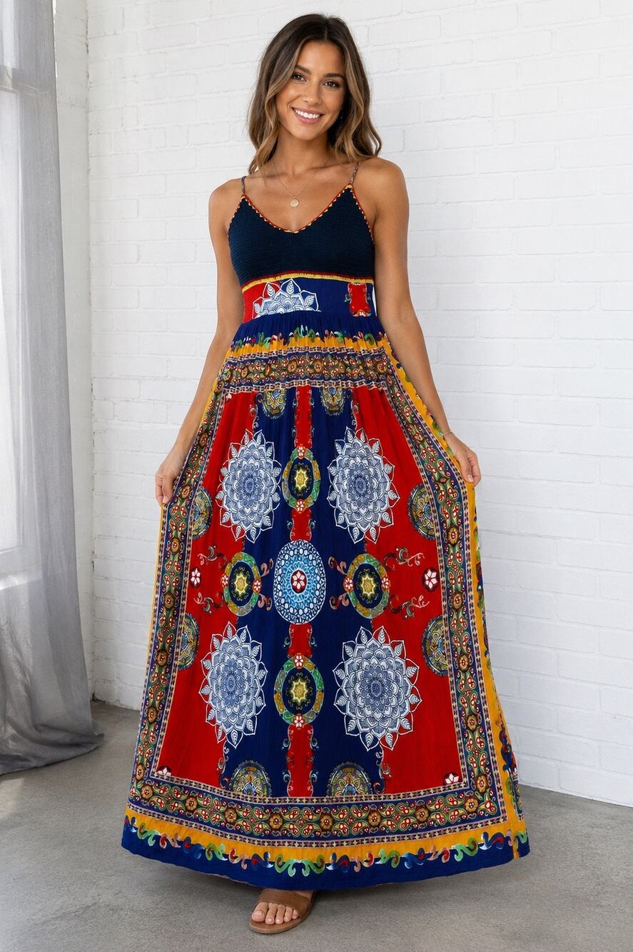Raga Women’s Medium Boho Maxi Dress Crochet Bodice Printed Sleeveless Blue Red